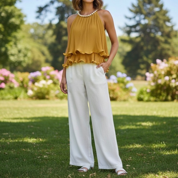 #A072. Why Dress  Mustard Pleated Blouse ,Rhinestone ,Pearl Neckline,NWT L - Picture 2 of 10